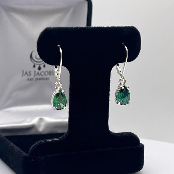 Beautiful 3ctw Pear Cut Emerald Earrings in Sterling Silver Dangle Leverbacks - Picture 6 of 10